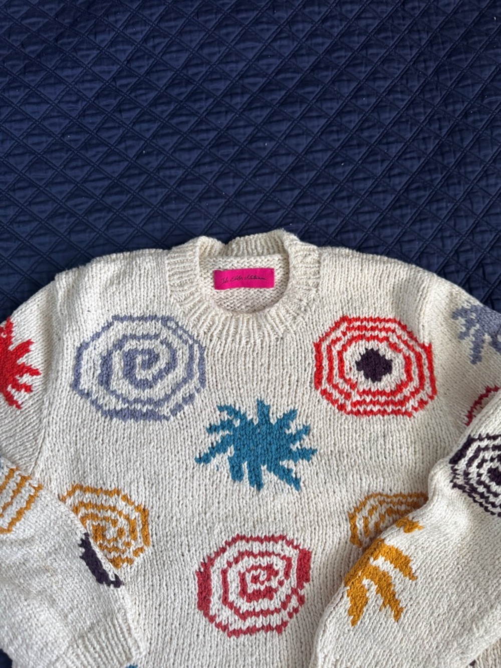 The Elder Statesman Cream Crewneck Sweater with Multicolor Abstract Motifs